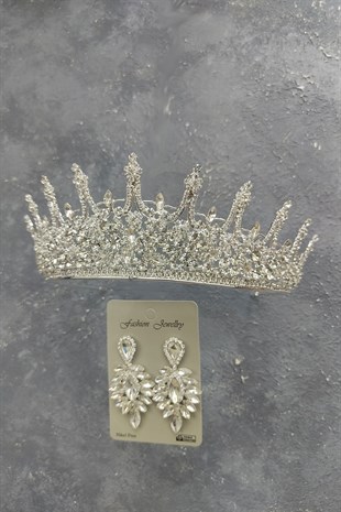 Leonis Model Bridal Crown And Earrings With Drop Stone