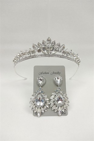 Leyn Model Gelin Tacı Ve Damla Mekik Taşlı Küpe