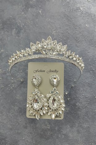 Leyn Model Gelin Tacı Ve Damla Mekik Taşlı Küpe