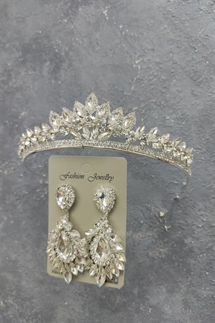 Leyn Model Gelin Tacı Ve Damla Mekik Taşlı Küpe