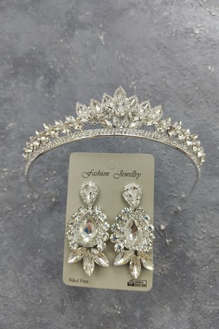 Leyn Model Gelin Tacı Ve Mekik Damla Taşlı Küpe