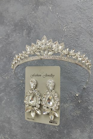 Leyn Model Gelin Tacı Ve Mekik Damla Taşlı Küpe