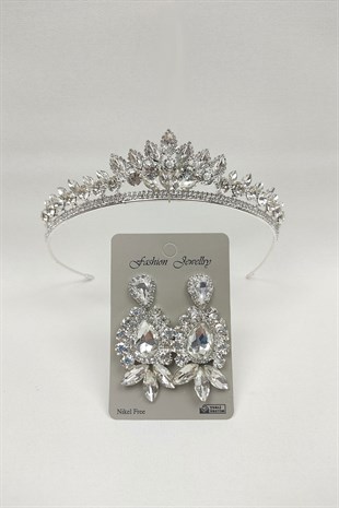 Leyn Model Gelin Tacı Ve Mekik Damla Taşlı Küpe