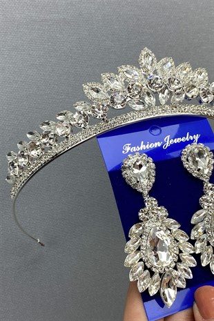 Leyn Model Gelin Tacı ve Mekik Küpe Seti