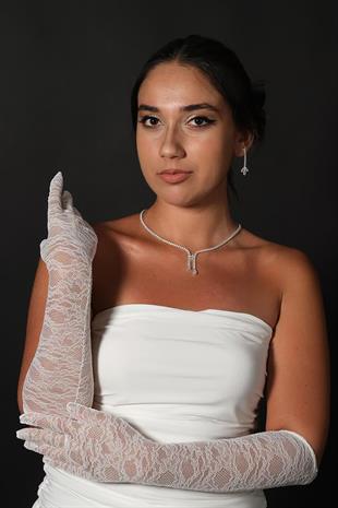 Likralı Dantel Uzun Gelin Eldiveni