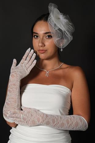 Lycra Lace Long Bridal Gloves and Flat Voilet Wedding Hat