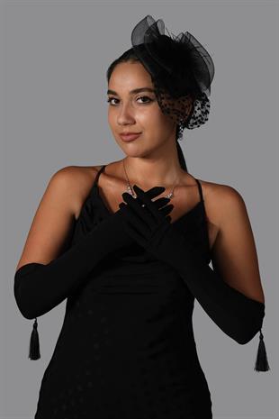 Lycra Sendi Fabric Tasseled Long Gloves and Voilet Wedding Hat