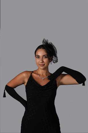 Lycra Sendi Fabric Tasseled Long Gloves and Voilet Wedding Hat