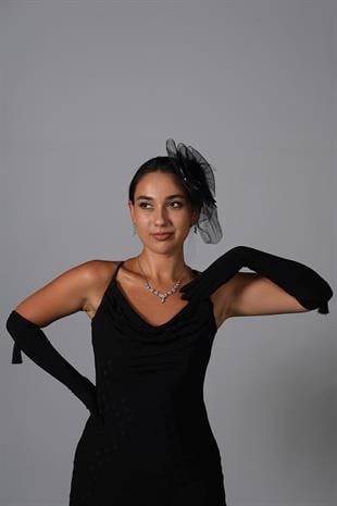 Lycra Sendi Fabric Tasseled Long Gloves and Plain Voile Wedding Hat