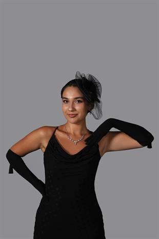 Lycra Sendi Fabric Tasseled Long Gloves and Plain Voile Wedding Hat