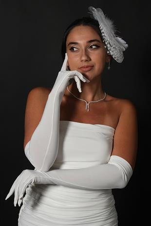 Lycra Sendi Fabric Long Gloves and Voilet Wedding Hat