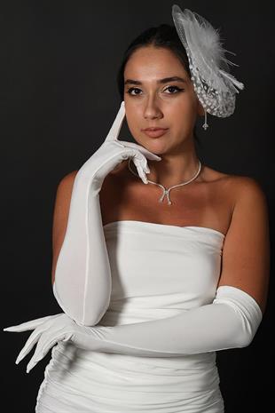 Lycra Sendi Fabric Long Gloves and Voilet Wedding Hat