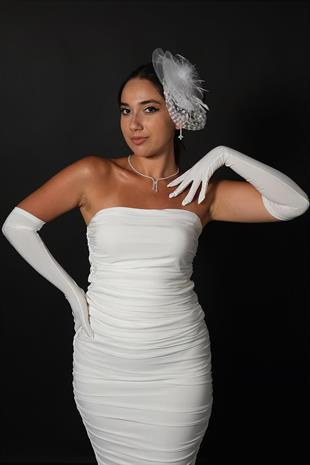 Lycra Sendi Fabric Long Gloves and Voilet Wedding Hat