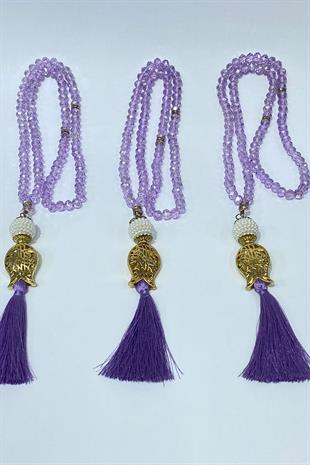 Lila Hediyelik Laleli Püsküllü Kristal Boncuklu 99 Lu Namaz Tesbihi ( Mevlüt-sünnet-hac-umre)