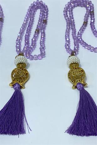 Lila Hediyelik Laleli Püsküllü Kristal Boncuklu 99 Lu Namaz Tesbihi ( Mevlüt-sünnet-hac-umre)