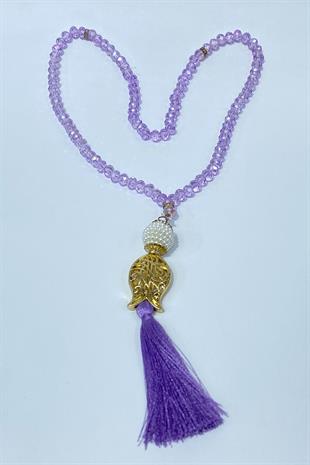 Lila Hediyelik Laleli Püsküllü Kristal Boncuklu 99 Lu Namaz Tesbihi ( Mevlüt-sünnet-hac-umre)