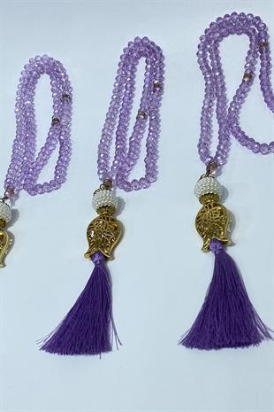 Lila Hediyelik Laleli Püsküllü Kristal Boncuklu 99 Lu Namaz Tesbihi ( Mevlüt-sünnet-hac-umre)