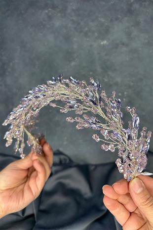 Lila Hera Kristal Boncuklu Gelin Kına Tacı Saç Ve Türban Aksesuarı