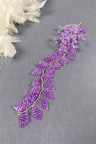 Lila Kristal Boncuklu İliz Gelin Saç Ve Türban Aksesuarı
