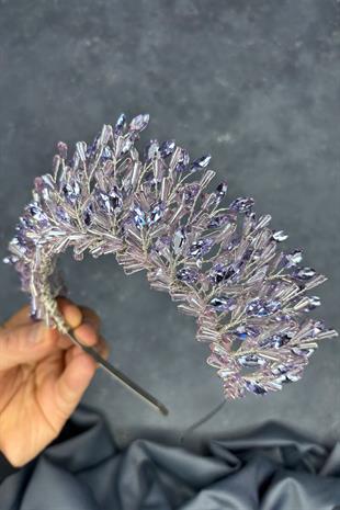 Lila Maria Yoğun İşlemeli Kristalli Gelin Kına Tacı Saç Aksesuarı