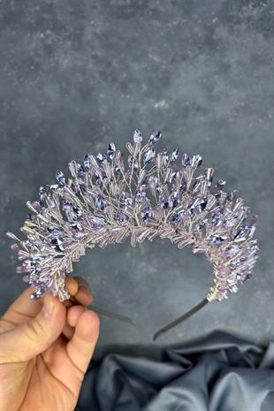 Lila Maria Yoğun İşlemeli Kristalli Gelin Kına Tacı Saç Aksesuarı