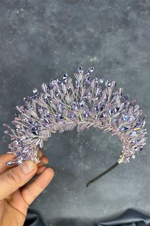 Lila Maria Yoğun İşlemeli Kristalli Gelin Kına Tacı Saç Aksesuarı