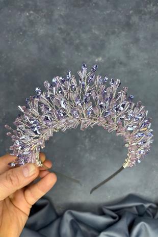 Lila Maria Yoğun İşlemeli Kristalli Gelin Kına Tacı Saç Aksesuarı