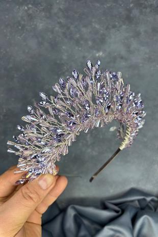 Lila Maria Yoğun İşlemeli Kristalli Gelin Kına Tacı Saç Aksesuarı