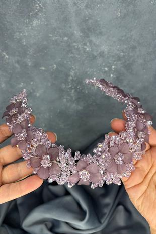 Lila Nileda Kristal Boncuklu Gelin Kına Tacı Saç Aksesuarı