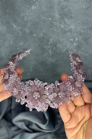 Lila Nileda Kristal Boncuklu Gelin Kına Tacı Saç Aksesuarı