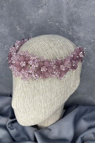 Lila Nileda Kristal Boncuklu Gelin Kına Tacı Saç Aksesuarı