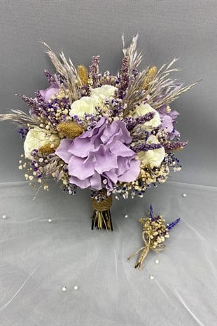Lila Ortancalı İri Güllü Gelin Buketi ve Damat Yaka Çiçeği