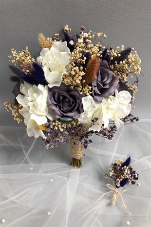 Lilac And White Hydrangea Bridal Bouquet And Boutonniere