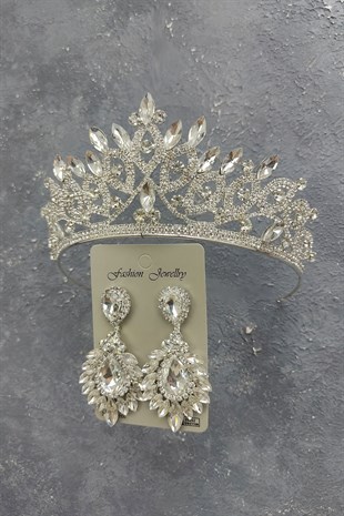 Lilya Model Gelin Tacı Ve Damla Mekik Taşlı Küpe