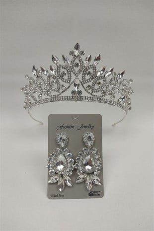 Lilya Model Gelin Tacı Ve Mekik Damla Taşlı Küpe