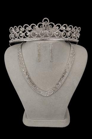 Linda Taşlı Abiye Kolye Küpe Seti Ve Çiçek Gelin Tacı 