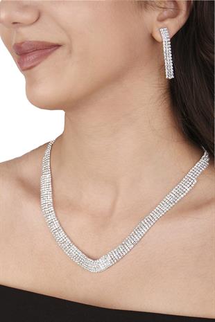 Linda Taşlı Abiye Kolye Küpe Seti Ve Çiçek Gelin Tacı 