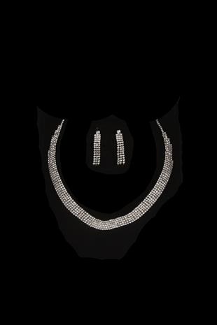 Linda Taşlı Abiye Kolye Küpe Seti Ve Çiçek Gelin Tacı 