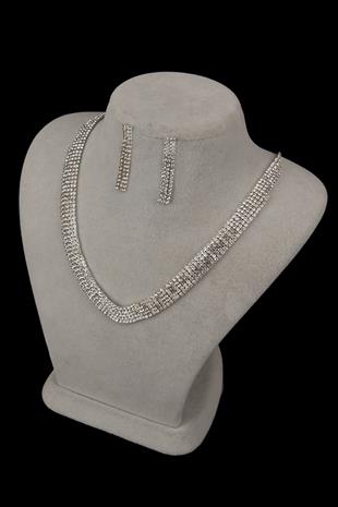 Linda Taşlı Abiye Kolye Küpe Seti Ve Çiçek Gelin Tacı 