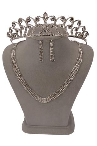 Linda Taşlı Abiye Kolye Küpe Seti Ve Gül Gelin Tacı