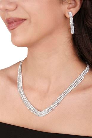 Linda Taşlı Abiye Kolye Küpe Seti Ve Gül Gelin Tacı