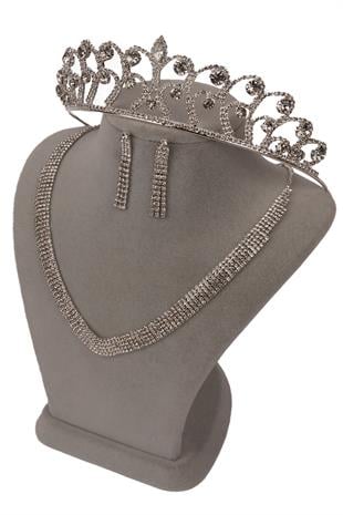 Linda Taşlı Abiye Kolye Küpe Seti Ve Gül Gelin Tacı