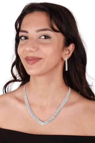 Linda Taşlı Abiye Kolye Küpe Seti Ve Gül Gelin Tacı