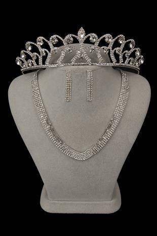 Linda Taşlı Abiye Kolye Küpe Seti Ve Gül Gelin Tacı