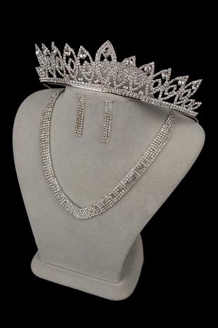 Linda Taşlı Abiye Kolye Küpe Seti Ve İnce Yaprak Gelin Tacı