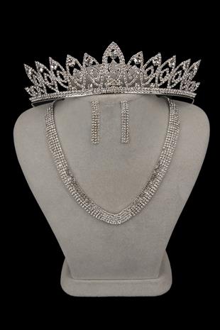 Linda Taşlı Abiye Kolye Küpe Seti Ve İnce Yaprak Gelin Tacı