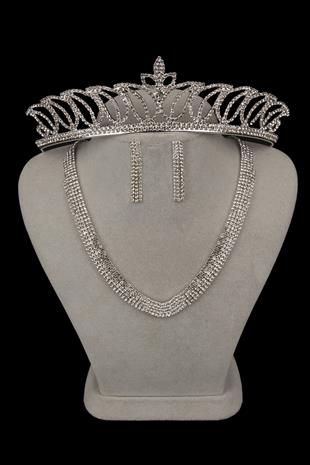 Linda Taşlı Abiye Kolye Küpe Seti Ve Lale Gelin Tacı