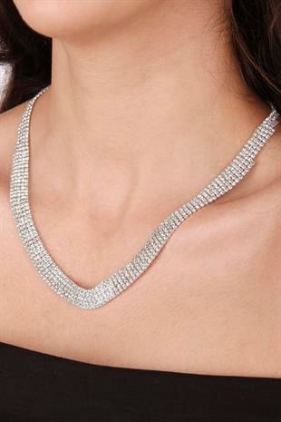 Linda Taşlı Abiye Kolye Küpe Seti Ve Lale Gelin Tacı