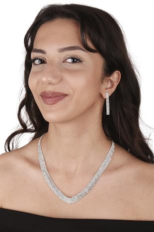 Linda Taşlı Abiye Kolye Küpe Seti Ve Lale Gelin Tacı