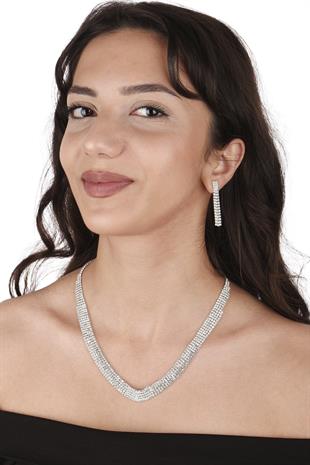 Linda Taşlı Abiye Kolye Küpe Seti Ve Yaprak Gelin Tacı